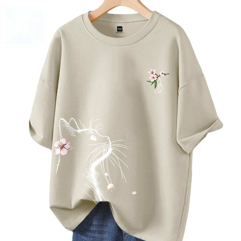 時尚潮流小貓望月休閒寬鬆純棉短袖t恤