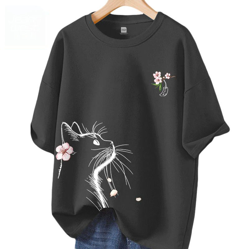 時尚潮流小貓望月休閒寬鬆純棉短袖t恤