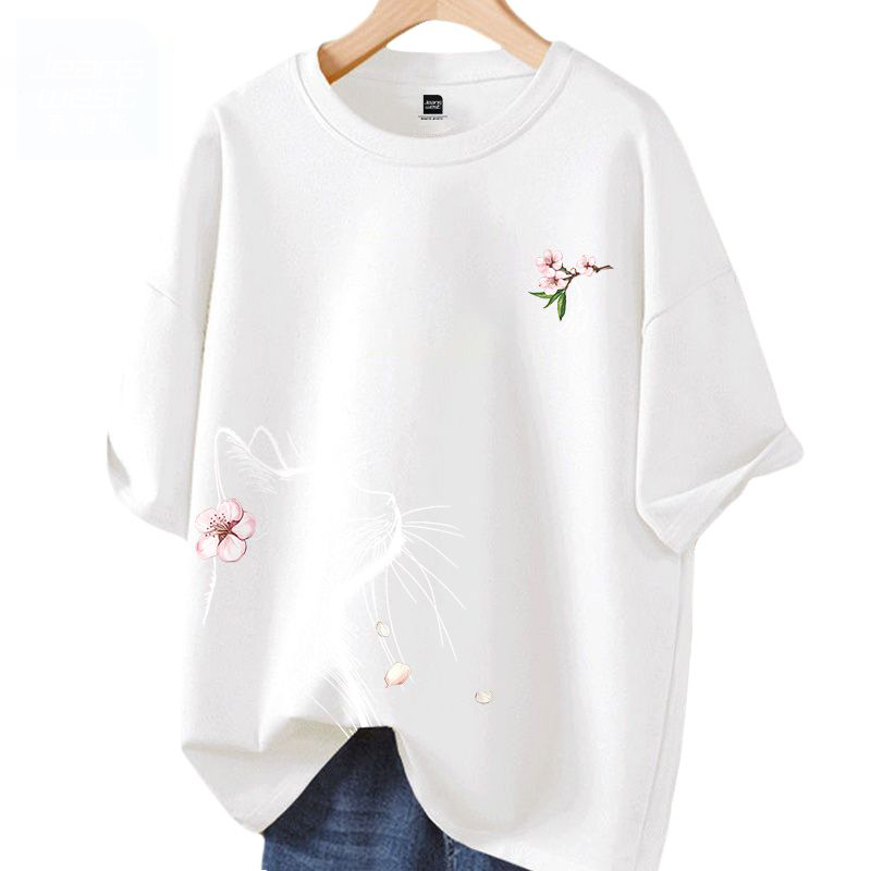 時尚潮流小貓望月休閒寬鬆純棉短袖t恤