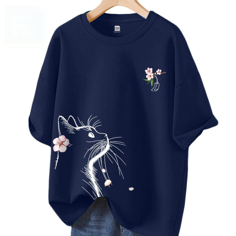 時尚潮流小貓望月休閒寬鬆純棉短袖t恤