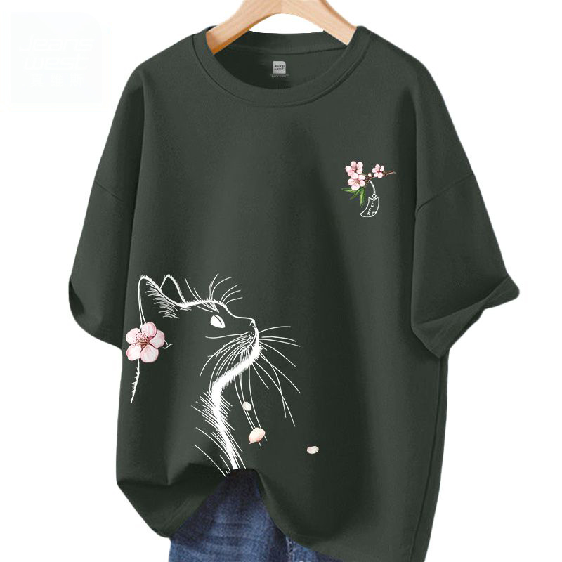 時尚潮流小貓望月休閒寬鬆純棉短袖t恤