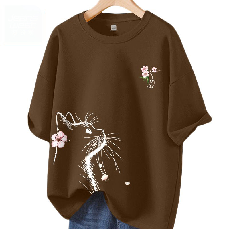 時尚潮流小貓望月休閒寬鬆純棉短袖t恤