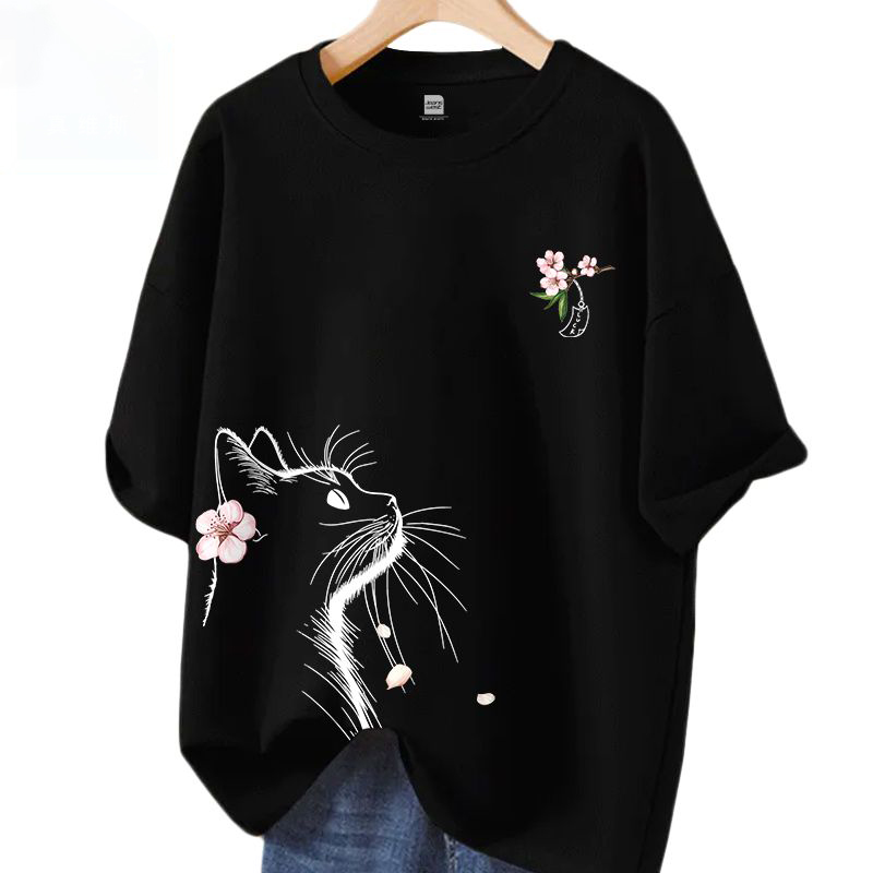 時尚潮流小貓望月休閒寬鬆純棉短袖t恤