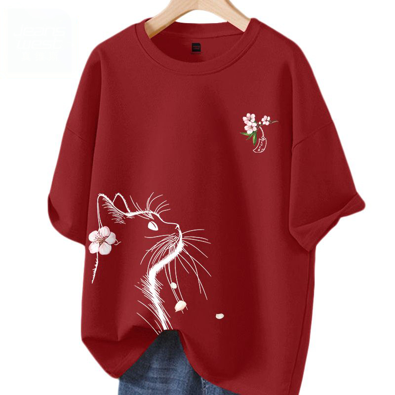 時尚潮流小貓望月休閒寬鬆純棉短袖t恤