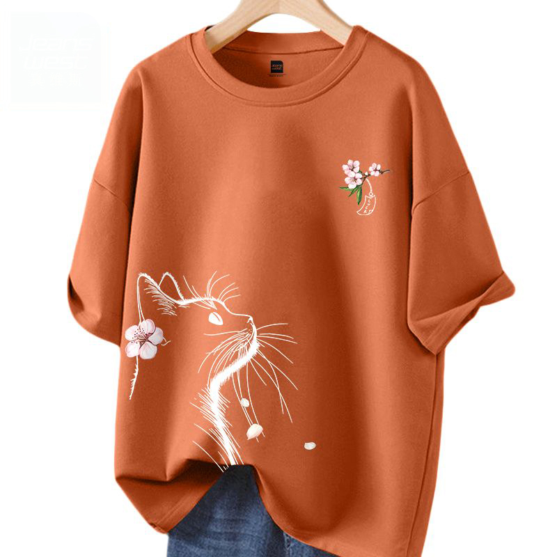 時尚潮流小貓望月休閒寬鬆純棉短袖t恤