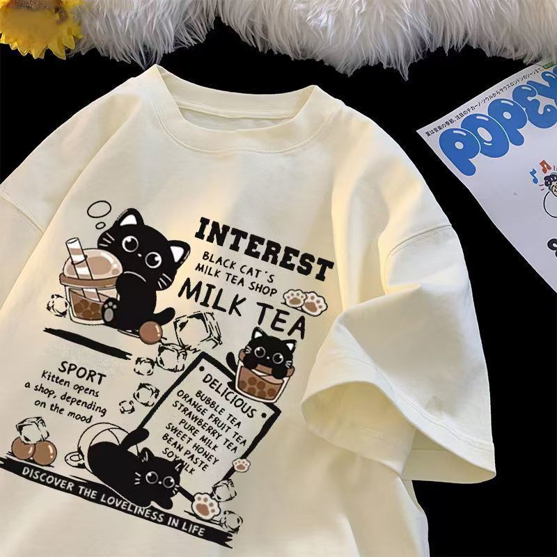 復古貓咪印花重磅港風情侶百搭休閒短袖t恤