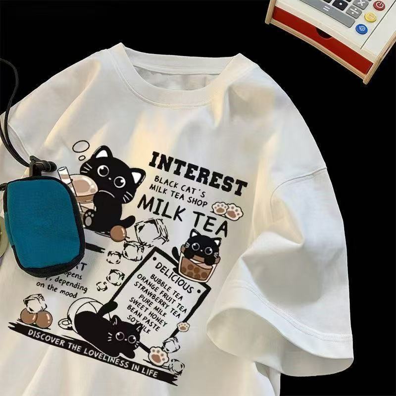 復古貓咪印花重磅港風情侶百搭休閒短袖t恤