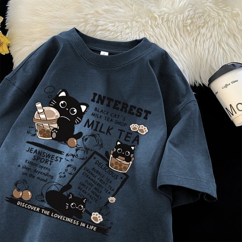 復古貓咪印花重磅港風情侶百搭休閒短袖t恤