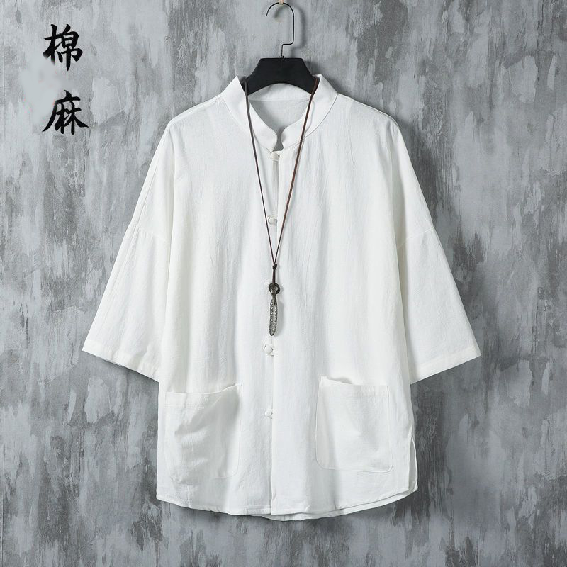 【單件】亞麻國風薄款七分中式短袖襯衫+寬松棉麻休閑褲兩件套