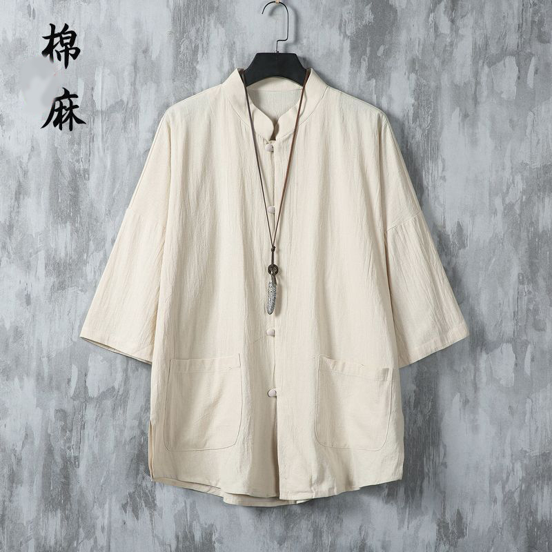 【單件】亞麻國風薄款七分中式短袖襯衫+寬松棉麻休閑褲兩件套