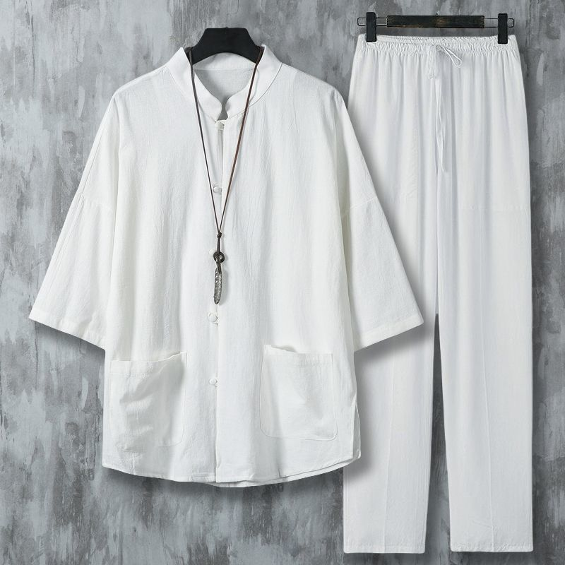 【單件】亞麻國風薄款七分中式短袖襯衫+寬松棉麻休閑褲兩件套