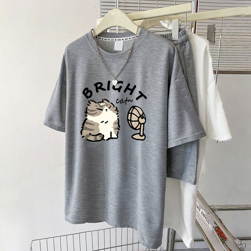 【單件/套裝】華夫格時尚印花寬松百搭短袖T恤+運動休閑短褲兩件套