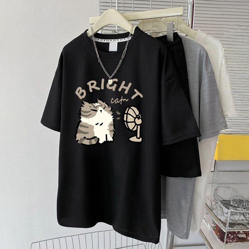 【單件/套裝】華夫格時尚印花寬松百搭短袖T恤+運動休閑短褲兩件套