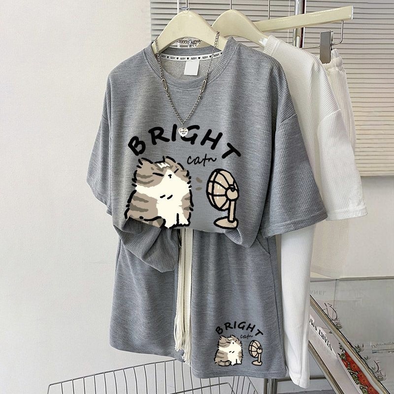 【單件/套裝】華夫格時尚印花寬松百搭短袖T恤+運動休閑短褲兩件套