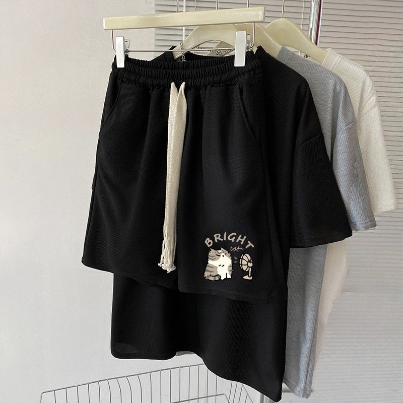 【單件/套裝】華夫格時尚印花寬松百搭短袖T恤+運動休閑短褲兩件套