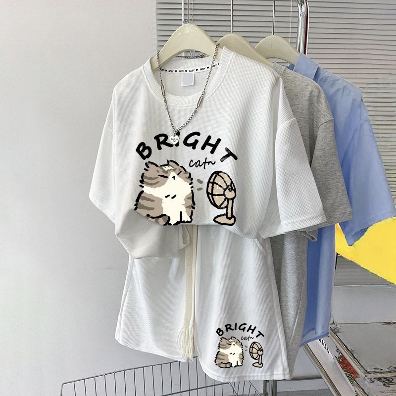 【單件/套裝】華夫格時尚印花寬松百搭短袖T恤+運動休閑短褲兩件套