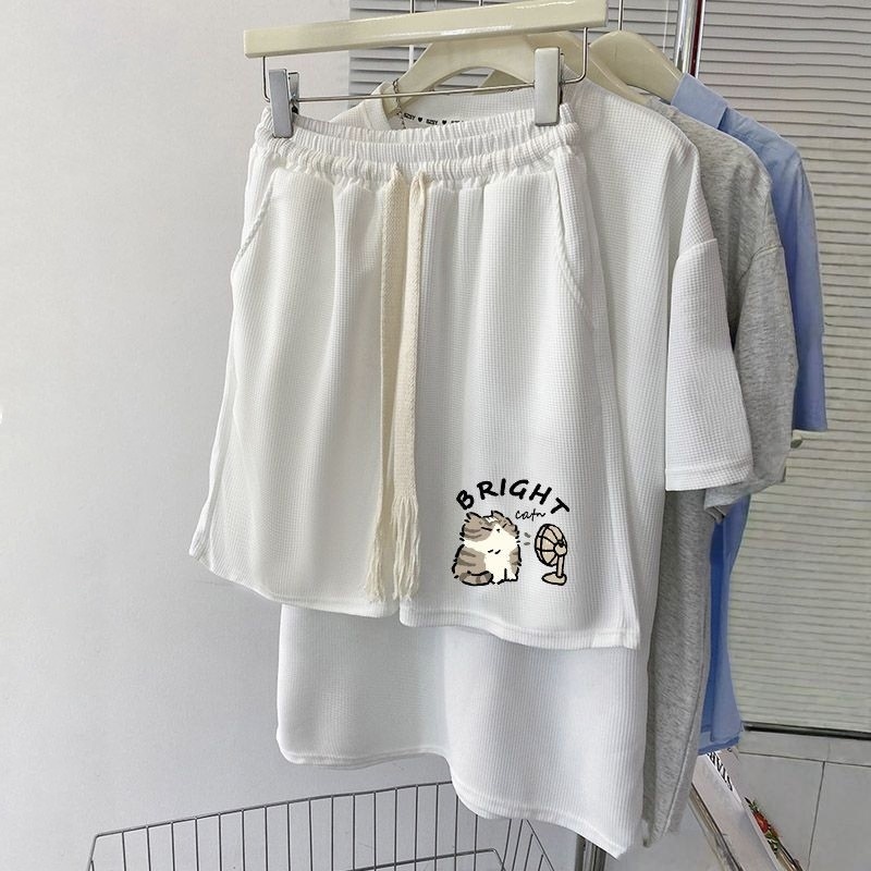 【單件/套裝】華夫格時尚印花寬松百搭短袖T恤+運動休閑短褲兩件套