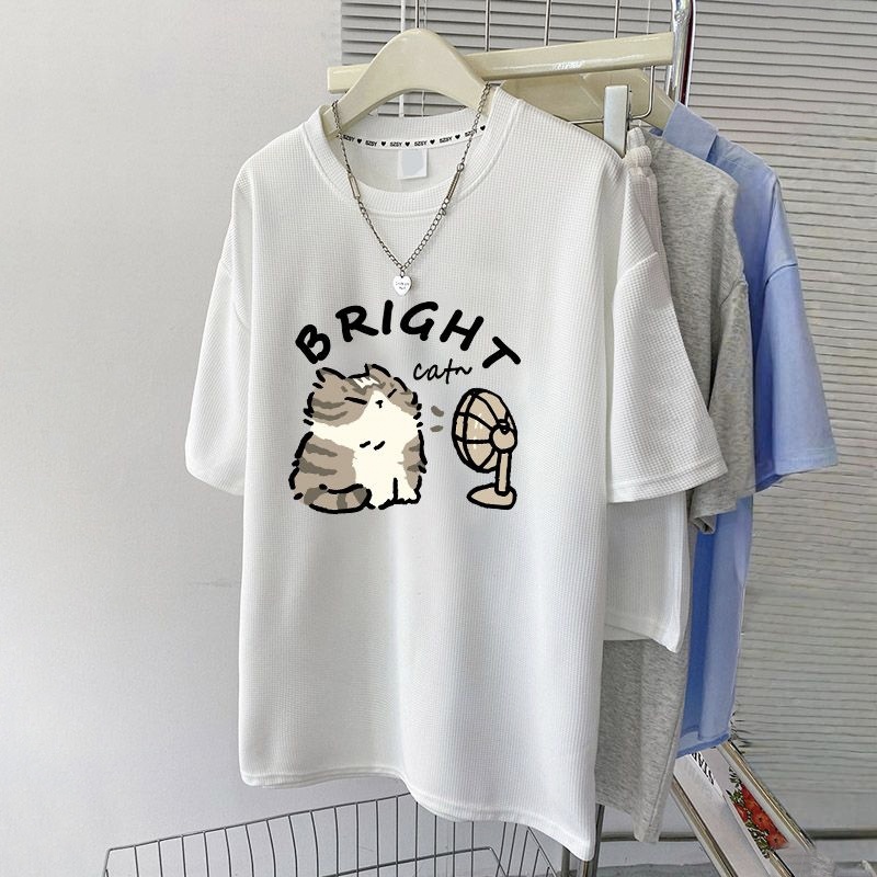 【單件/套裝】華夫格時尚印花寬松百搭短袖T恤+運動休閑短褲兩件套