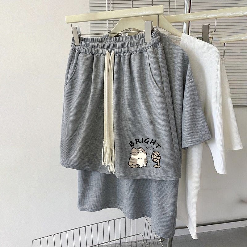 【單件/套裝】華夫格時尚印花寬松百搭短袖T恤+運動休閑短褲兩件套