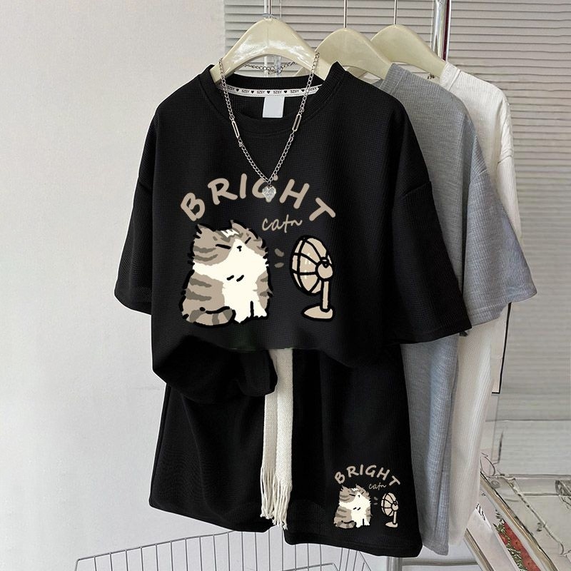 【單件/套裝】華夫格時尚印花寬松百搭短袖T恤+運動休閑短褲兩件套