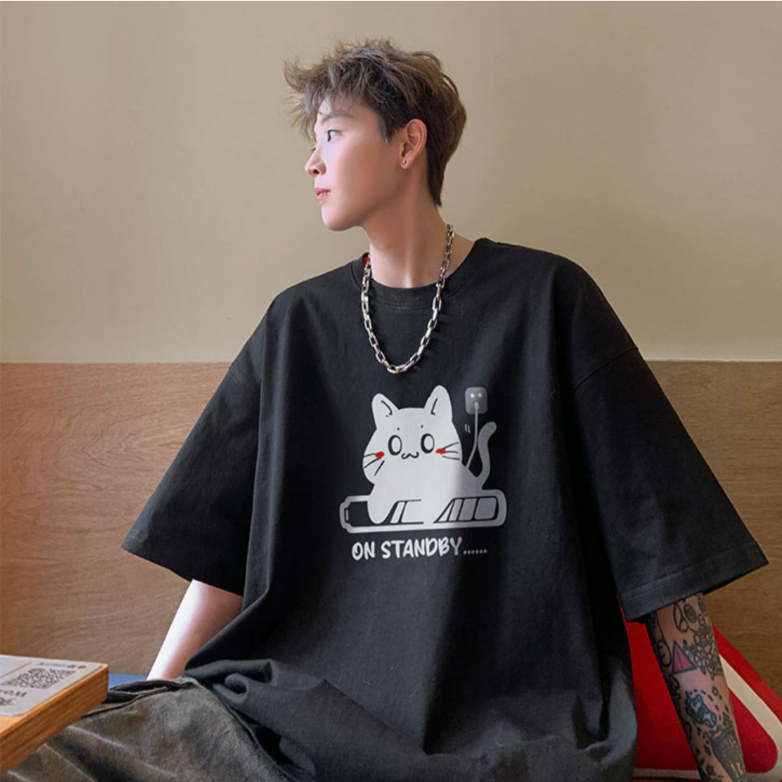 純棉簡約充電小貓印花圓領大碼設計感短袖T恤