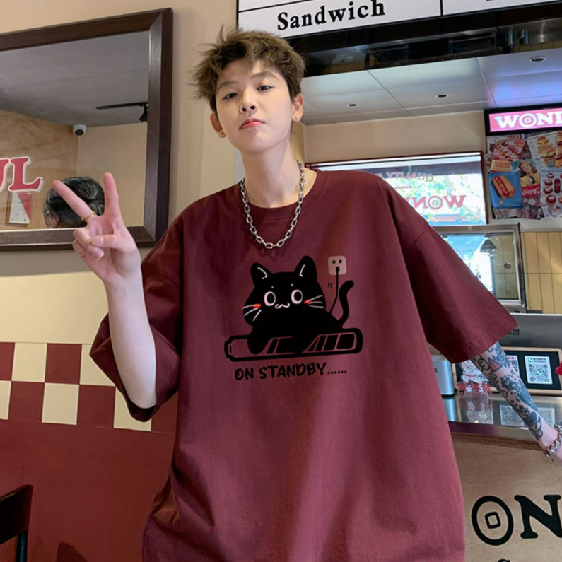 純棉簡約充電小貓印花圓領大碼設計感短袖T恤