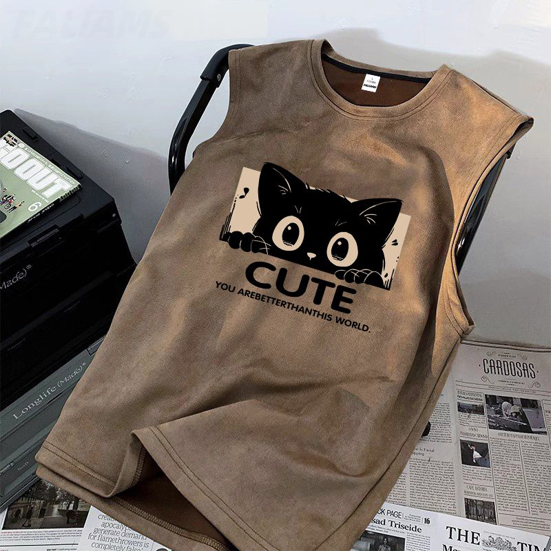 麂皮絨薄款寬鬆休閒貓咪印花背心