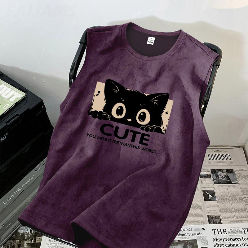 麂皮絨薄款寬鬆休閒貓咪印花背心