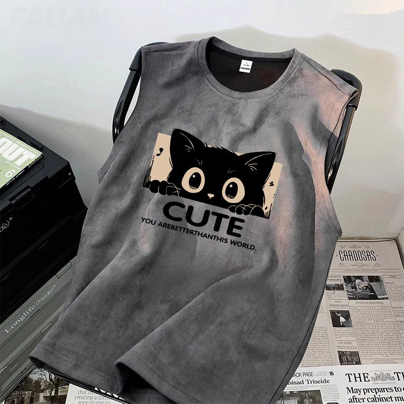 麂皮絨薄款寬鬆休閒貓咪印花背心