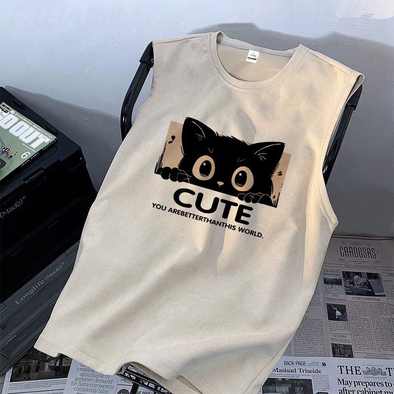 麂皮絨薄款寬鬆休閒貓咪印花背心