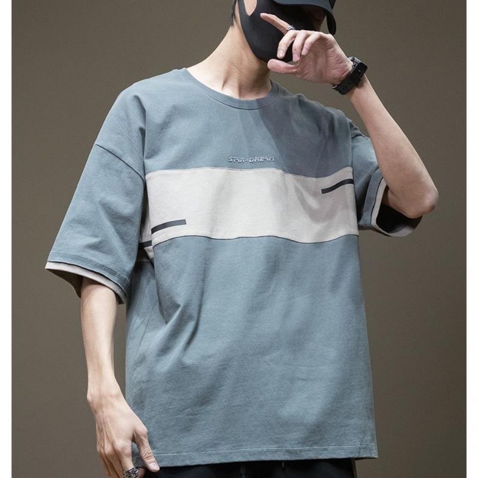 日系拼接百搭寬鬆圓領純棉短袖T恤-vivivale