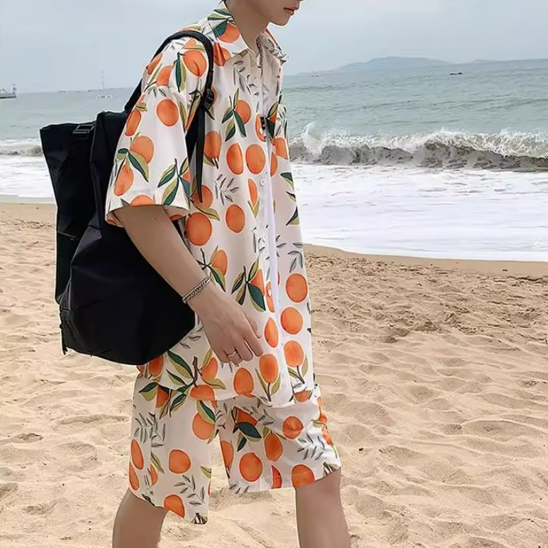 【套裝】冰絲薄款寬鬆短袖花襯衫+休閒速乾沙灘短褲兩件套裝-vivivale