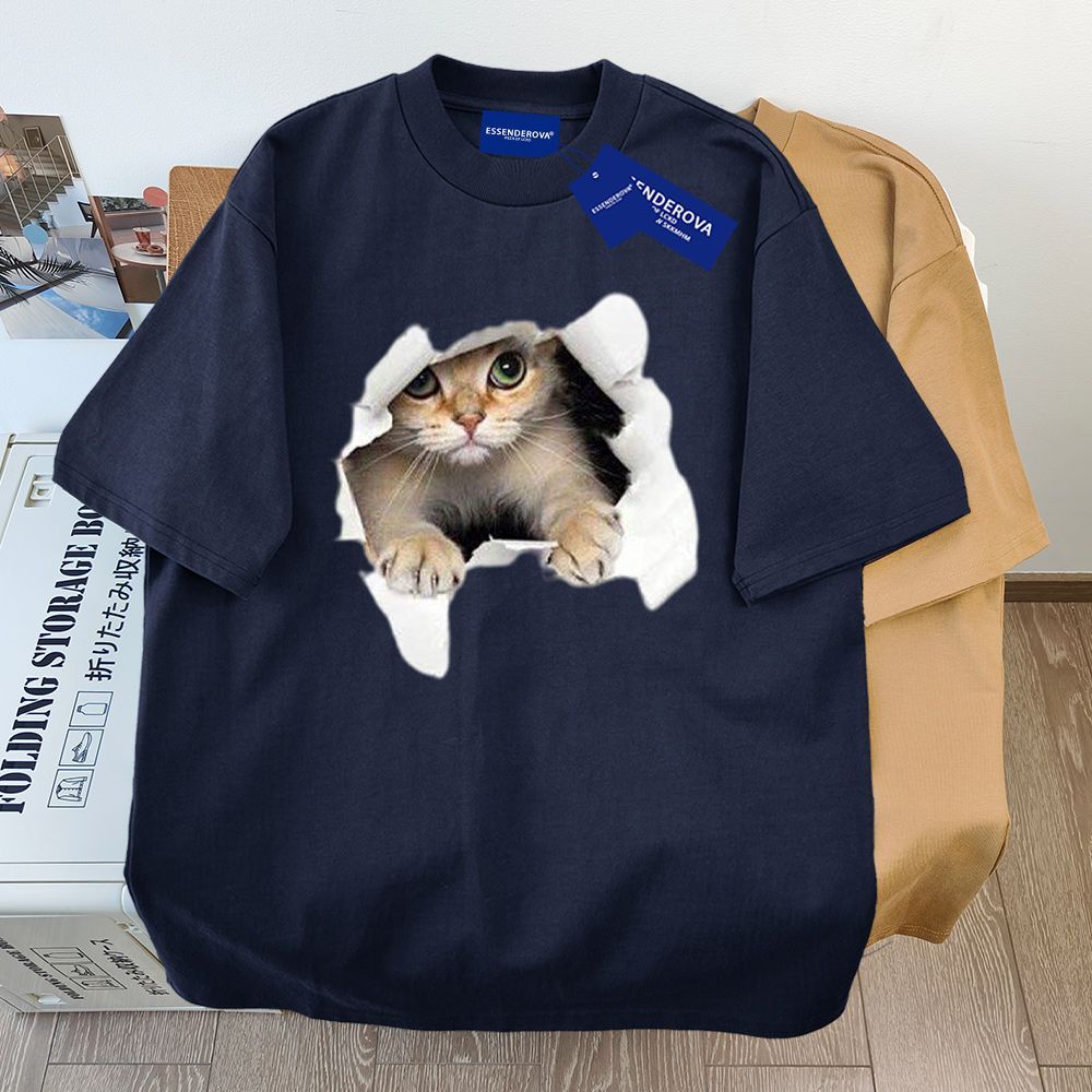 9色百搭純棉小貓印花寬鬆休閒小眾短袖-vivivale