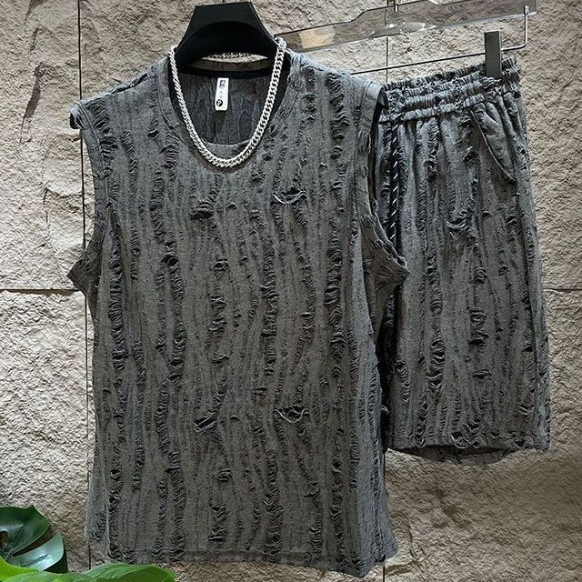 【單件/套裝】時尚百搭潮流純色圓領背心+短褲兩件套裝-vivivale