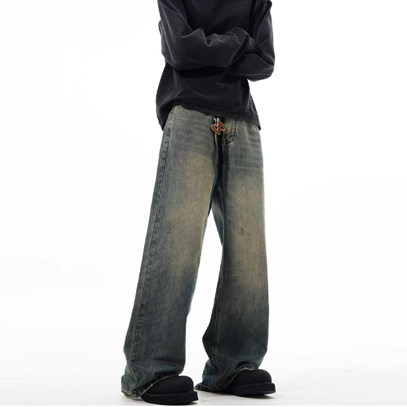 美式復古cleanfit高級感寬鬆闊腿休閒做舊牛仔褲-vivivale