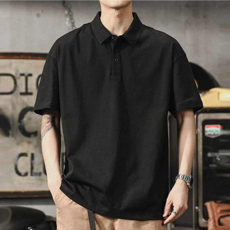 潮流帥氣寬鬆重磅純棉翻領純色t恤polo衫-vivivale