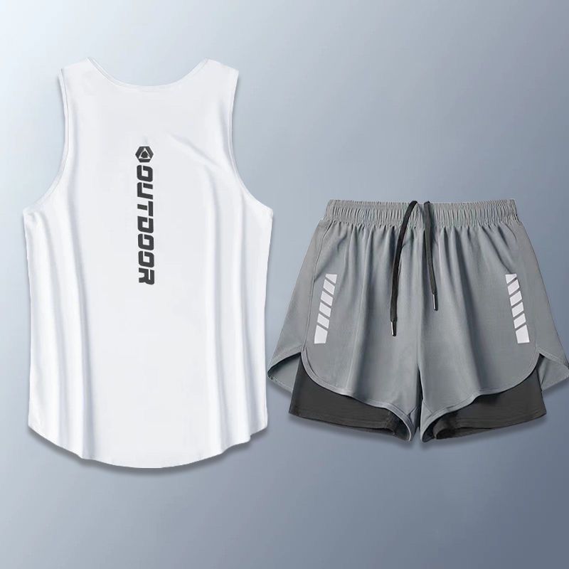 【整套】健身籃球跑步運動速冰絲透氣無袖T恤短褲兩件套裝