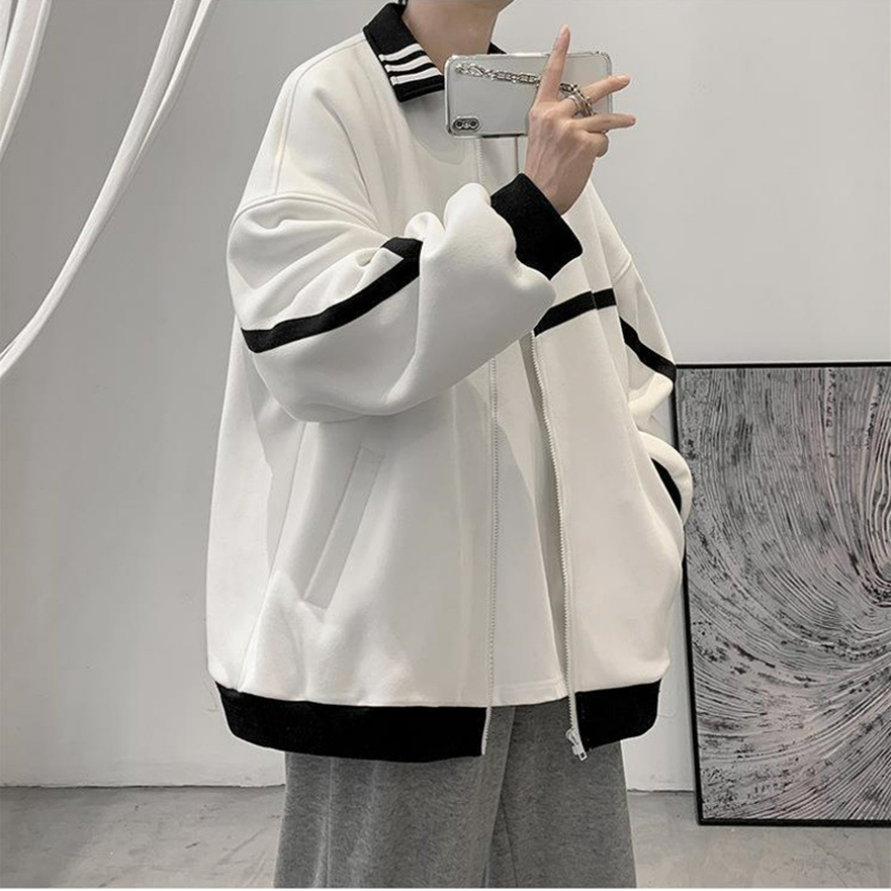 潮流港風寬鬆休閒夾克百搭情侶拼色外套
