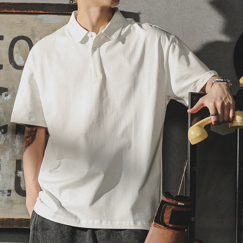 潮流帥氣寬鬆重磅純棉翻領純色t恤polo衫-vivivale