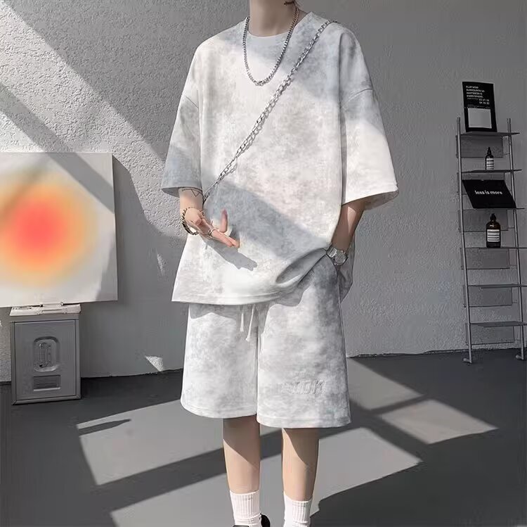 【整套】港風復古美式高街紮染寬松短袖+百搭休閑短褲兩件套裝