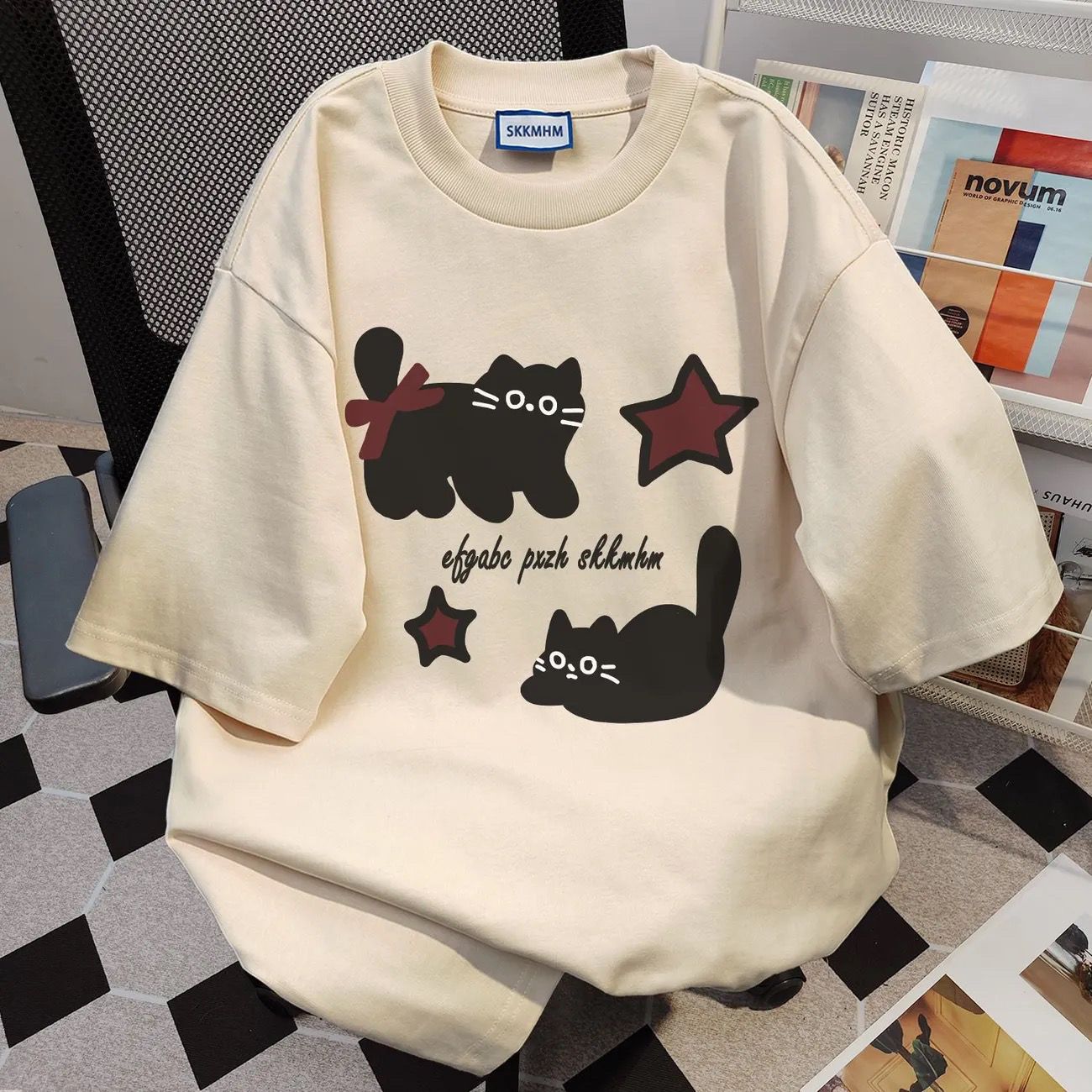 重磅純棉韓版潮流趣味可愛貓咪印花短袖T恤-vivivale