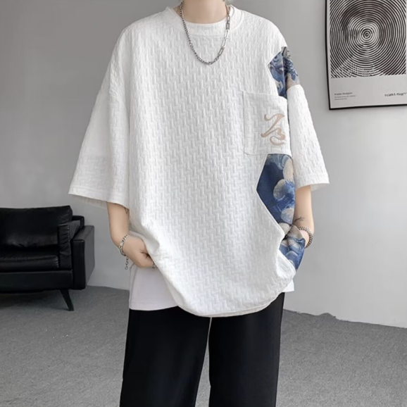 薄款肌理感拼接小熊圓領七分袖T恤