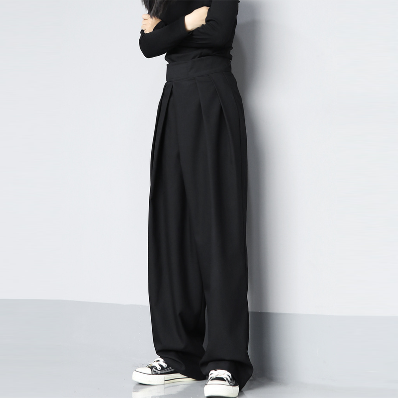 日系垂感休閒闊腿拖地設計感魔術貼西裝褲-vivivale