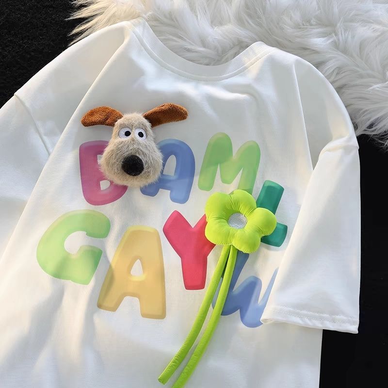 可愛立體裝飾寬鬆圓領印花情侶短袖T恤(公仔可拆)-vivivale