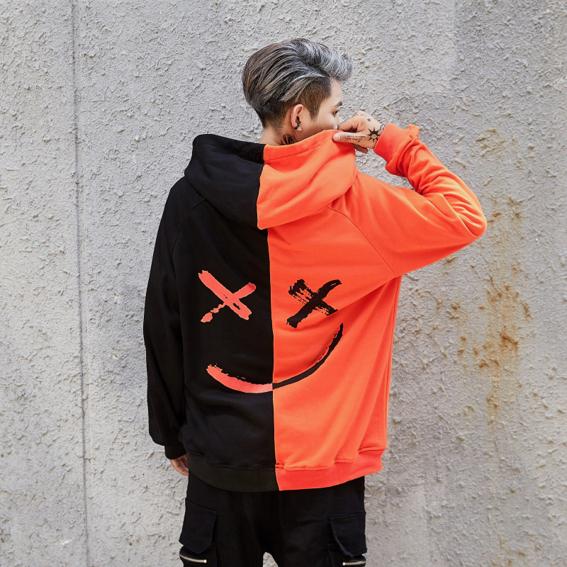 時尚拼色笑臉長袖運動連帽衛衣-vivivale