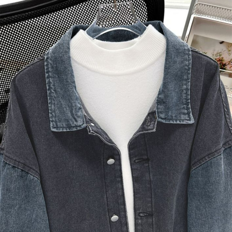 港風復古設計感拼接撞色夾克百搭牛仔外套-vivivale