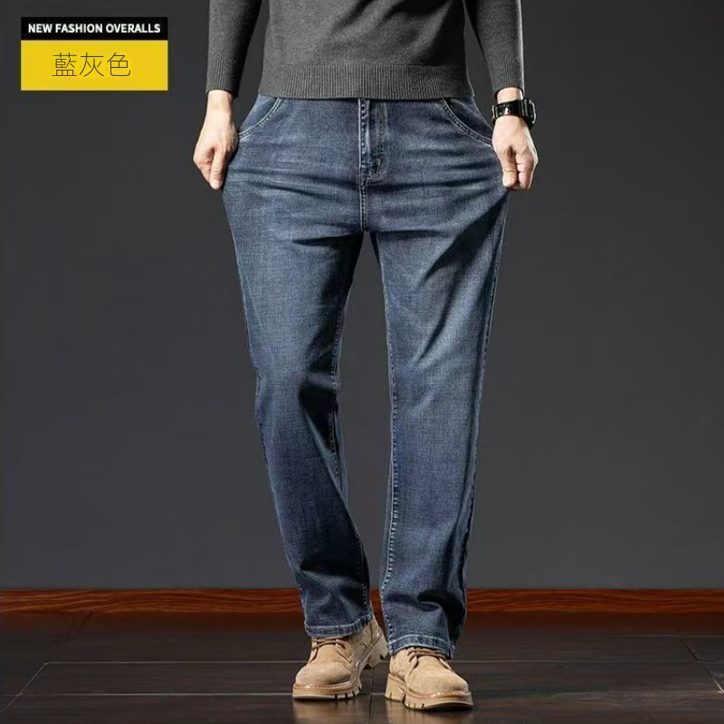 寬鬆直筒高彈休閒大碼長款水洗牛仔褲-vivivale