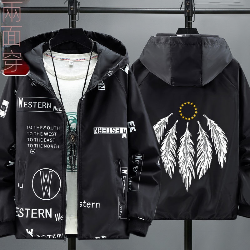 時尚潮流寬松連帽兩面穿衝鋒衣夾克外套-vivivale