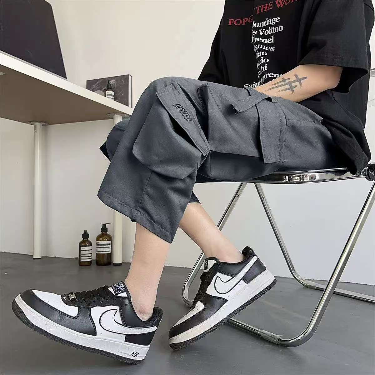 多口袋工裝薄款耐磨休閒運動潮流直筒七分短褲