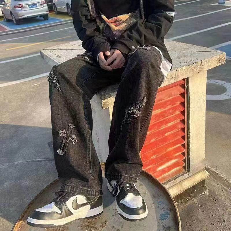 高街毛邊貼布直筒美式嘻哈街頭百搭牛仔褲